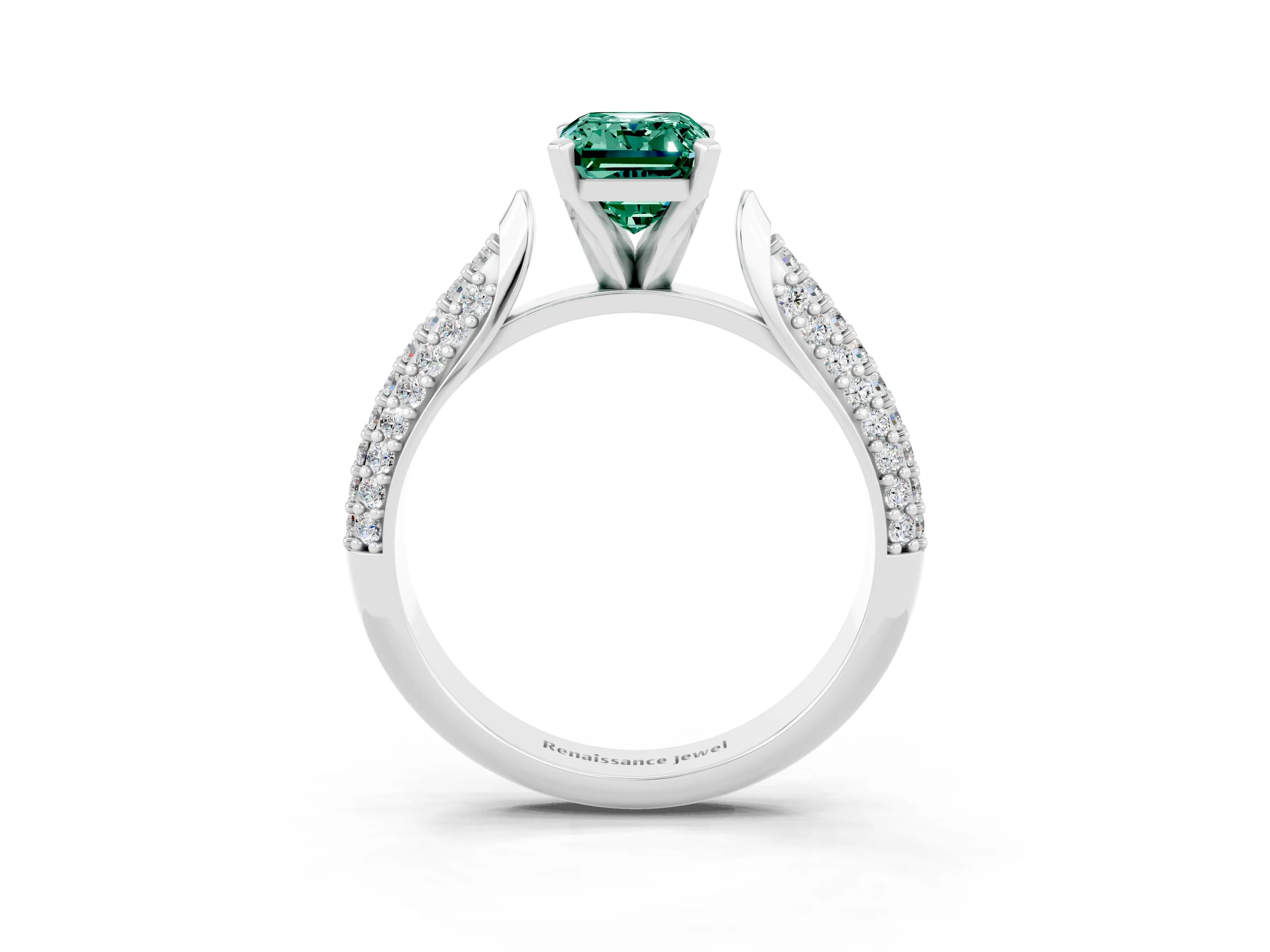 White gold Emerald Cut Diamond Solitaire Engagement Ring with Pavé Band and Four-Prong Setting_3