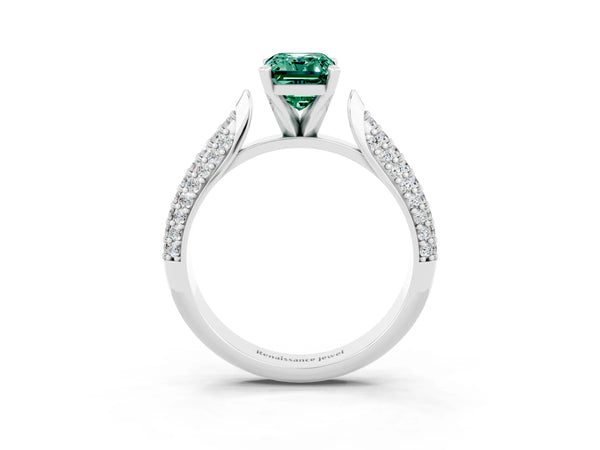 Platinum Emerald Cut Green Sapphire Solitaire Engagement Ring with Multi-Row Round Pavé Band and Prong Setting