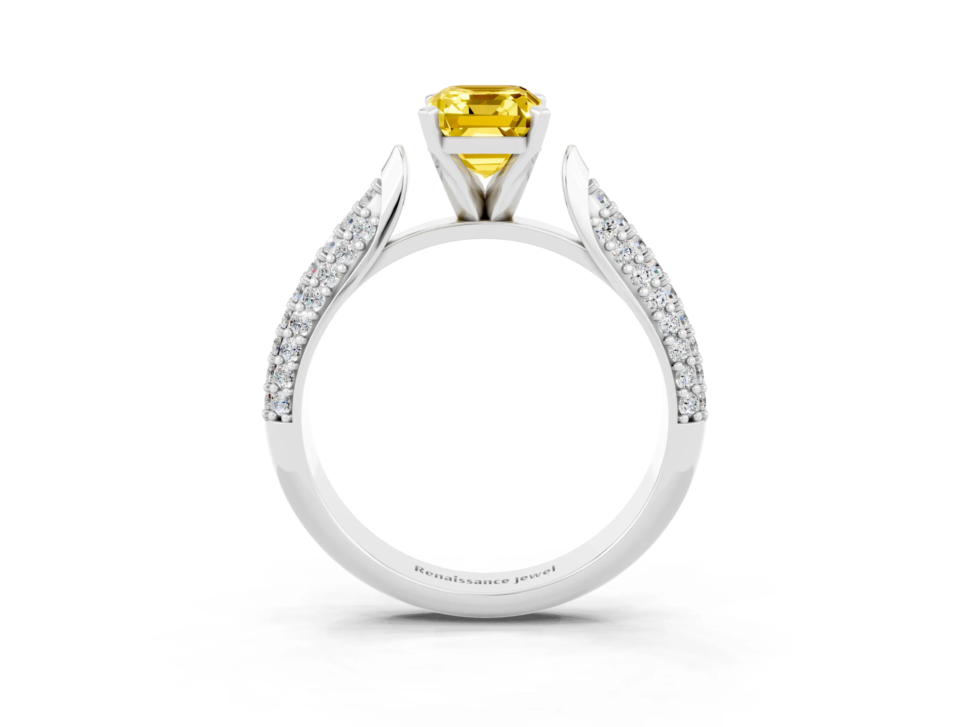 White gold Emerald Cut Diamond Solitaire Engagement Ring with Pavé Band and Four-Prong Setting_3