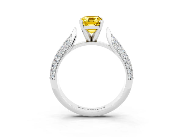 Silver Emerald Cut Yellow Sapphire Solitaire Engagement Ring with Multi-Row Round Pavé Band and Prong Setting