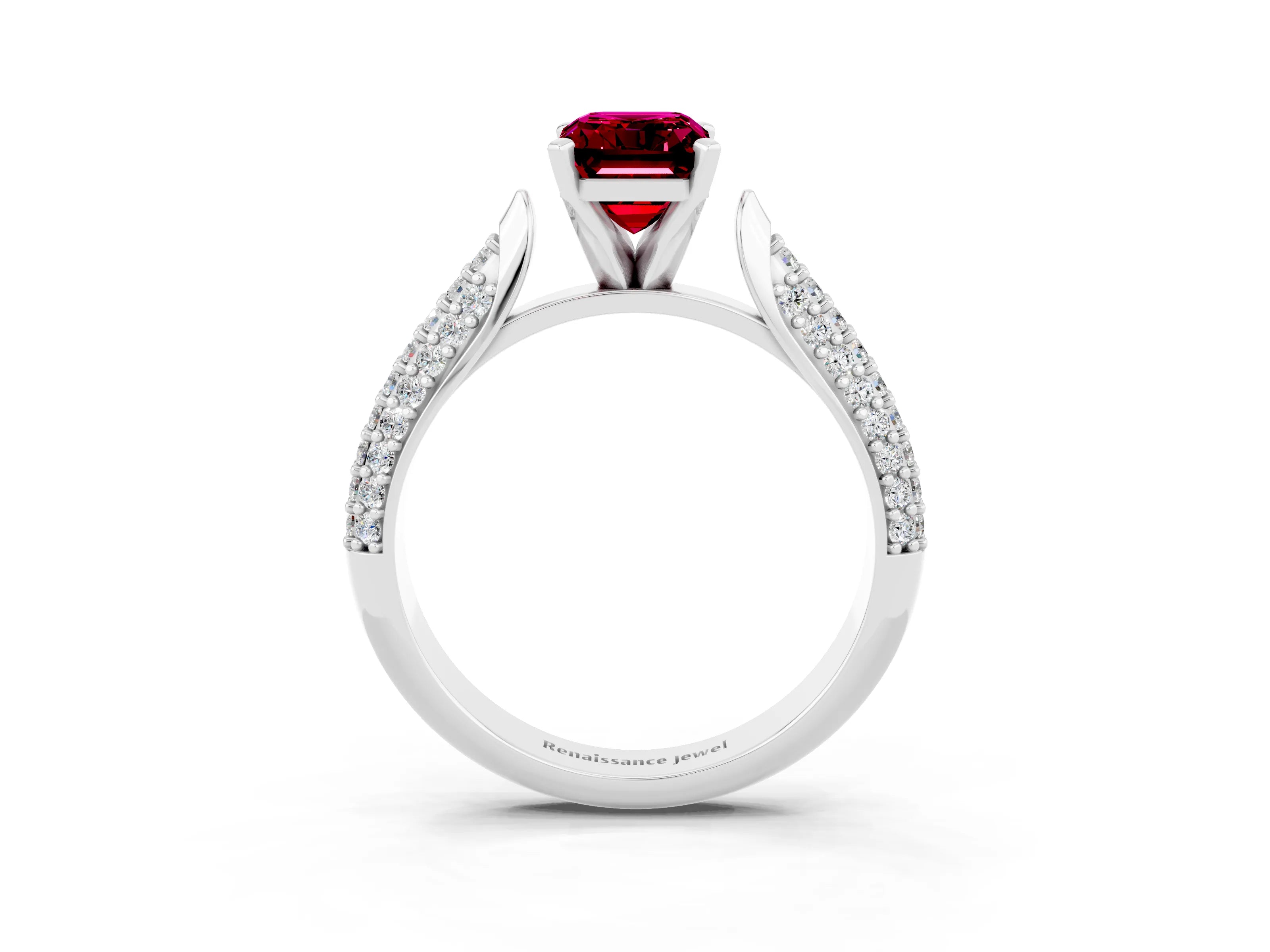 White gold Emerald Cut Diamond Solitaire Engagement Ring with Pavé Band and Four-Prong Setting_3