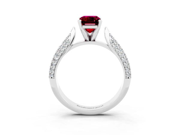 White gold Emerald Cut Garnet Solitaire Engagement Ring with Multi-Row Round Pavé Band and Prong Setting