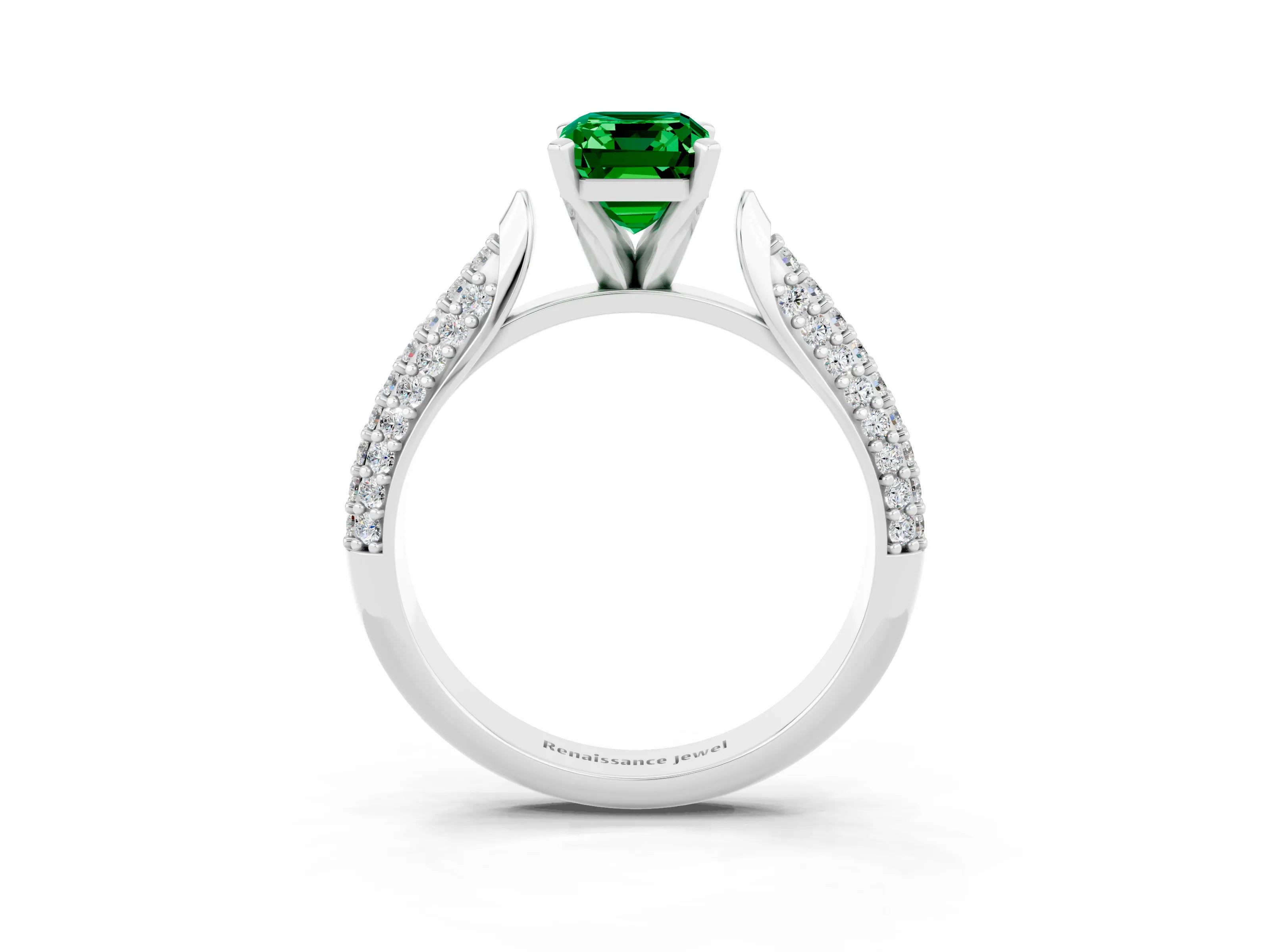 White gold Emerald Cut Diamond Solitaire Engagement Ring with Pavé Band and Four-Prong Setting_3