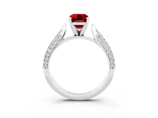 White gold Emerald Cut Diamond Solitaire Engagement Ring with Pavé Band and Four-Prong Setting