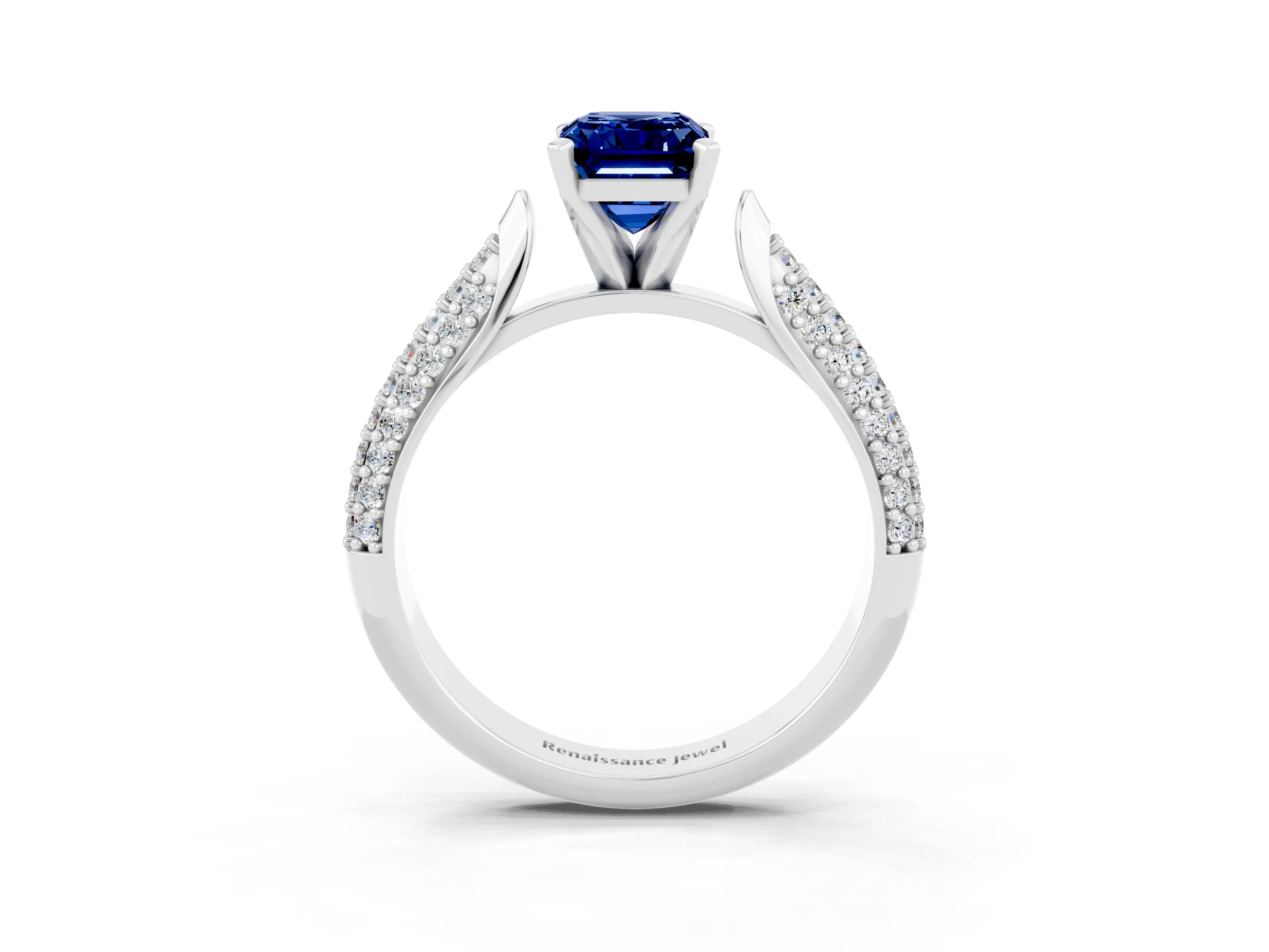 White gold Emerald Cut Diamond Solitaire Engagement Ring with Pavé Band and Four-Prong Setting_3