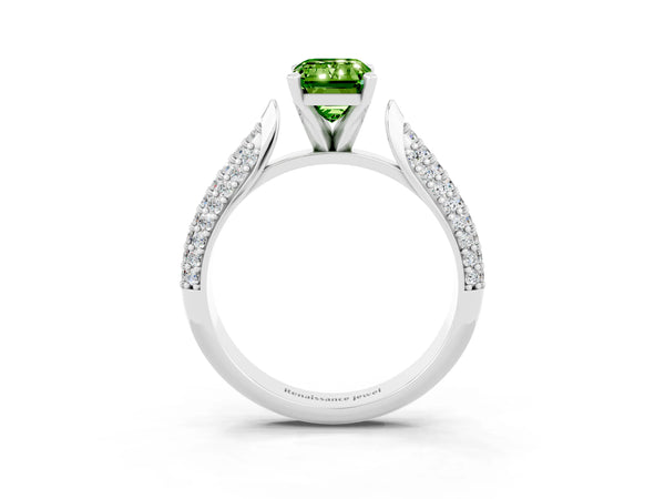 Silver Emerald Cut Diamond Solitaire Engagement Ring with Pavé Band and Four-Prong Setting