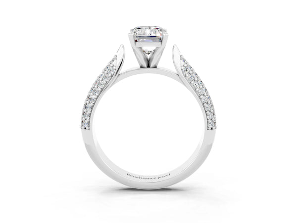 Silver Emerald Cut Moissanite Solitaire Engagement Ring with Multi-Row Round Pavé Band and Prong Setting