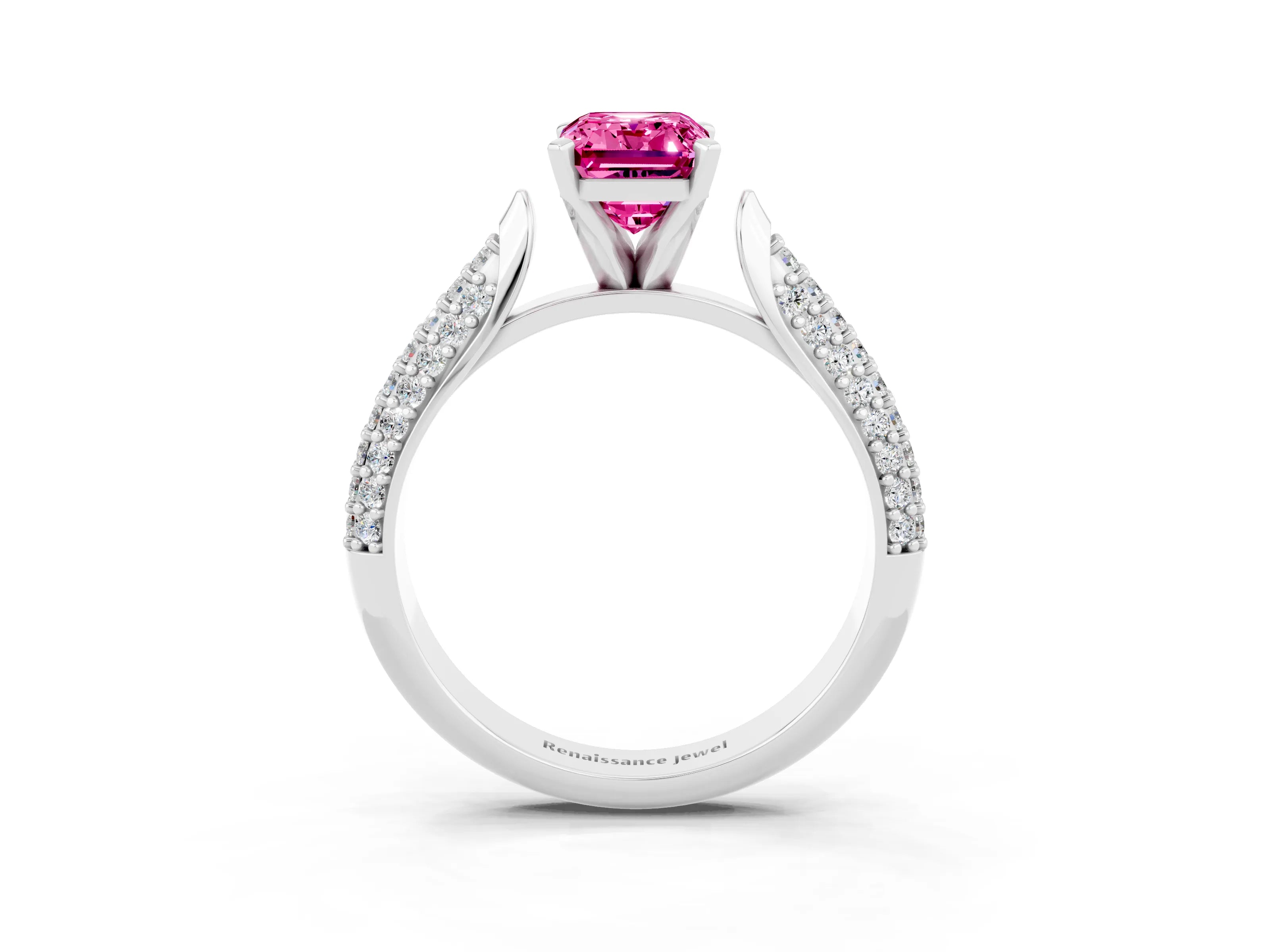 White gold Emerald Cut Diamond Solitaire Engagement Ring with Pavé Band and Four-Prong Setting_3
