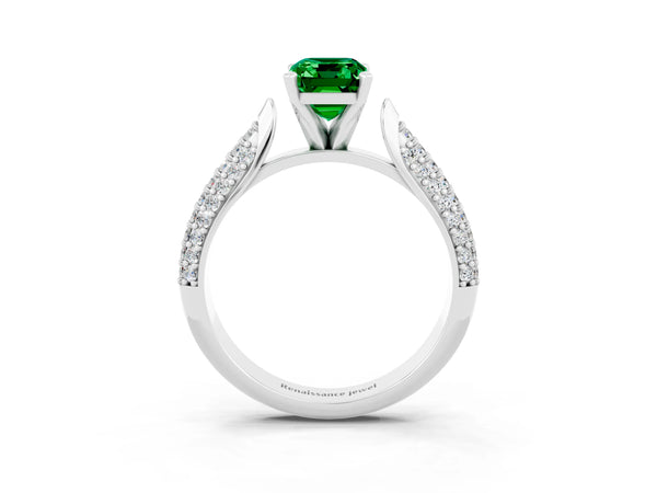 White gold Emerald Cut Emerald Solitaire Engagement Ring with Multi-Row Round Pavé Band and Prong Setting