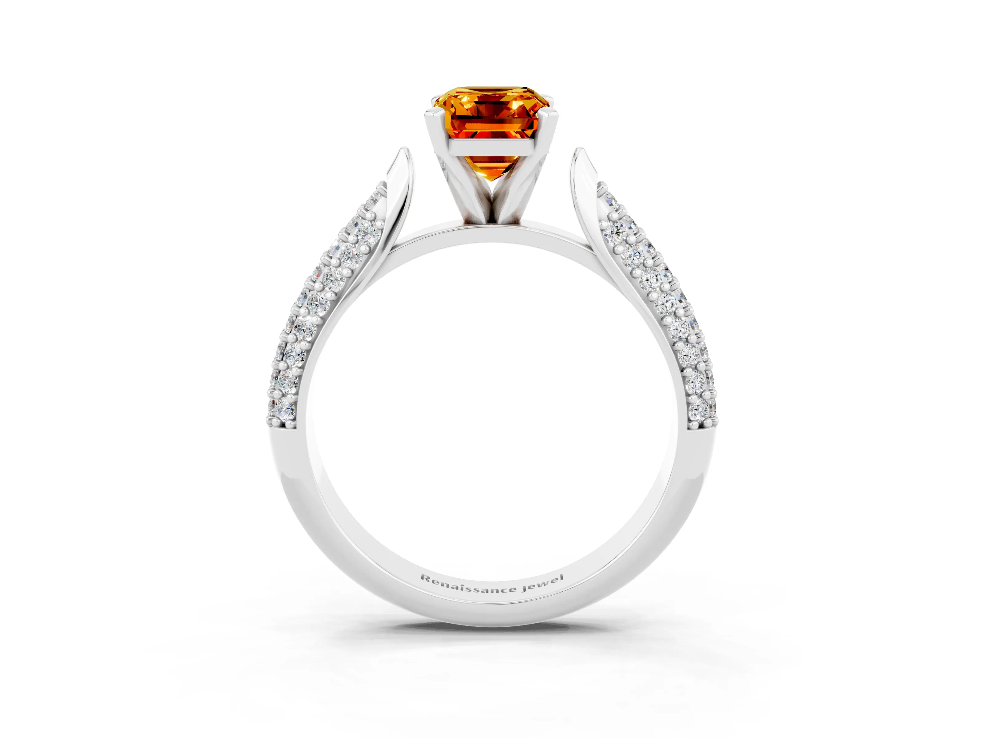 White gold Emerald Cut Diamond Solitaire Engagement Ring with Pavé Band and Four-Prong Setting_3