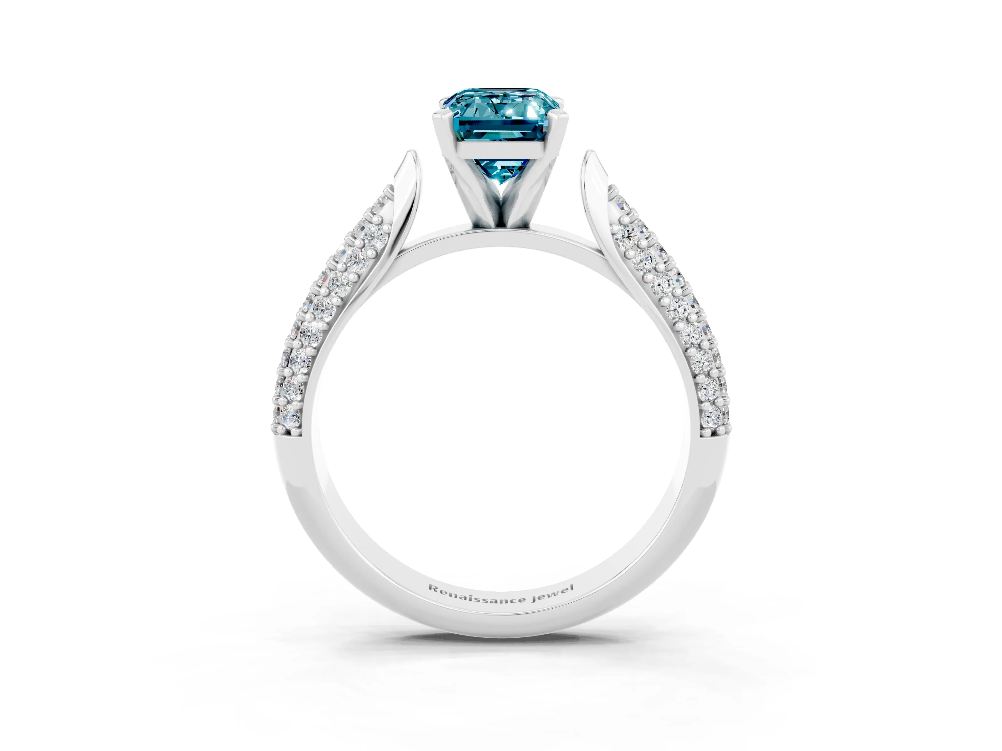 White gold Emerald Cut Diamond Solitaire Engagement Ring with Pavé Band and Four-Prong Setting_3