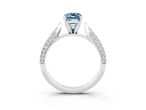 Platinum Emerald Cut Aquamarine Solitaire Engagement Ring with Multi-Row Round Pavé Band and Prong Setting