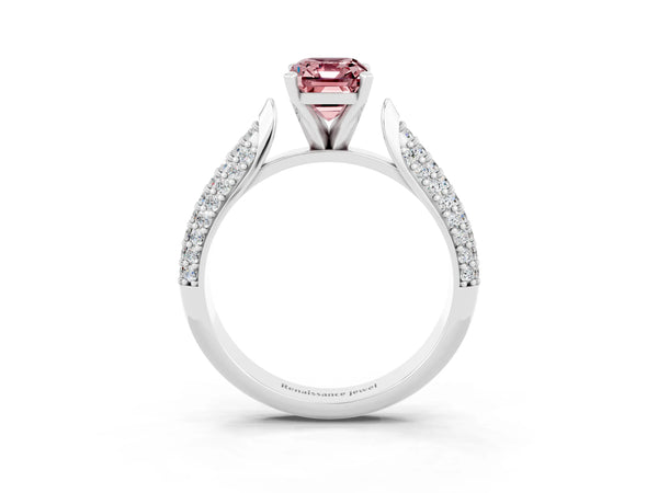 White gold Emerald Cut Diamond Solitaire Engagement Ring with Pavé Band and Four-Prong Setting