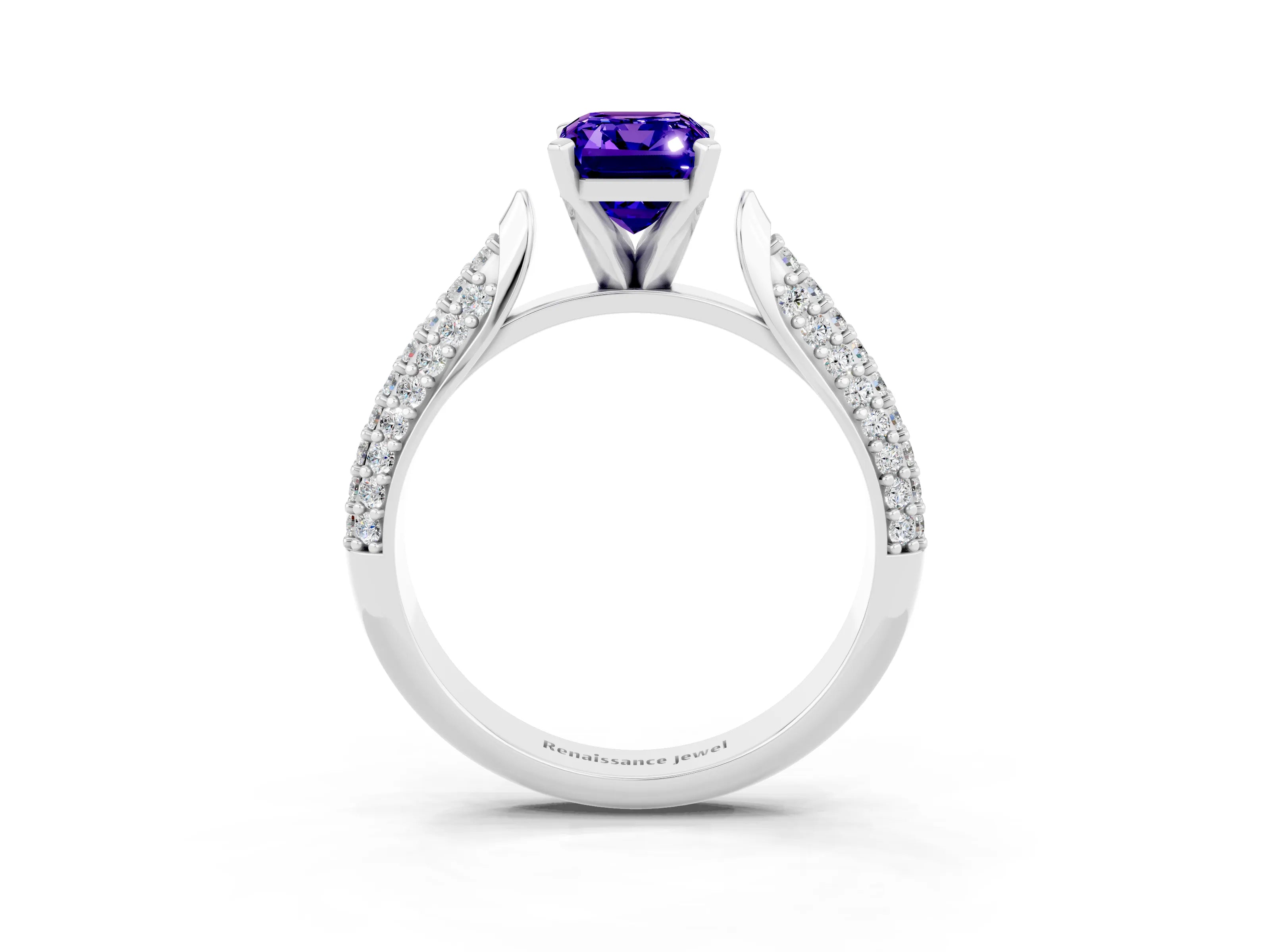 White gold Emerald Cut Diamond Solitaire Engagement Ring with Pavé Band and Four-Prong Setting_3