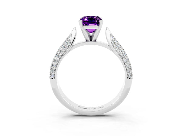 Platinum Emerald Cut Amethyst Solitaire Engagement Ring with Multi-Row Round Pavé Band and Prong Setting