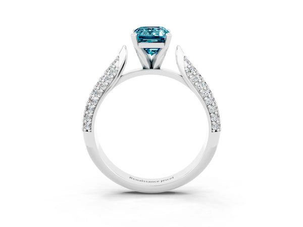 Silver Emerald Cut Diamond Solitaire Engagement Ring with Pavé Band and Four-Prong Setting