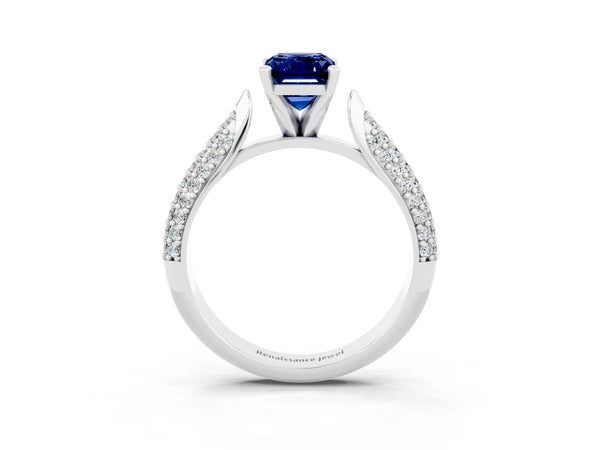 Platinum Emerald Cut Blue Sapphire Solitaire Engagement Ring with Multi-Row Round Pavé Band and Prong Setting