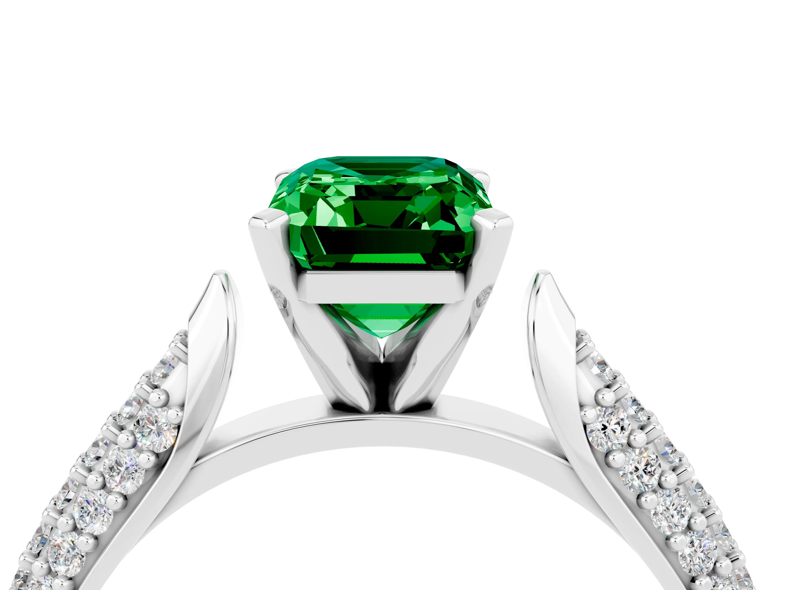 White gold Emerald Cut Diamond Solitaire Engagement Ring with Pavé Band and Four-Prong Setting_4