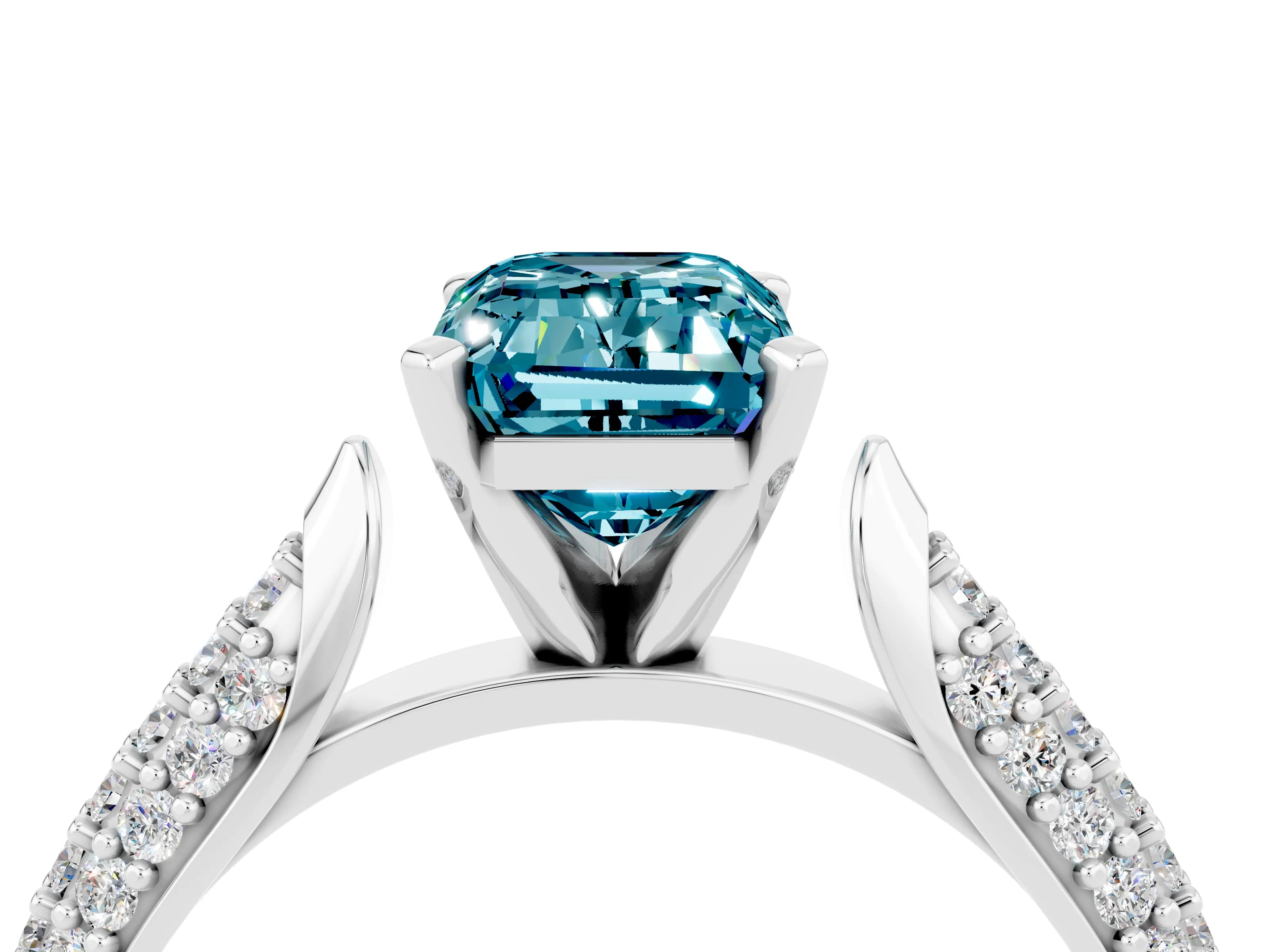 White gold Emerald Cut Diamond Solitaire Engagement Ring with Pavé Band and Four-Prong Setting_4