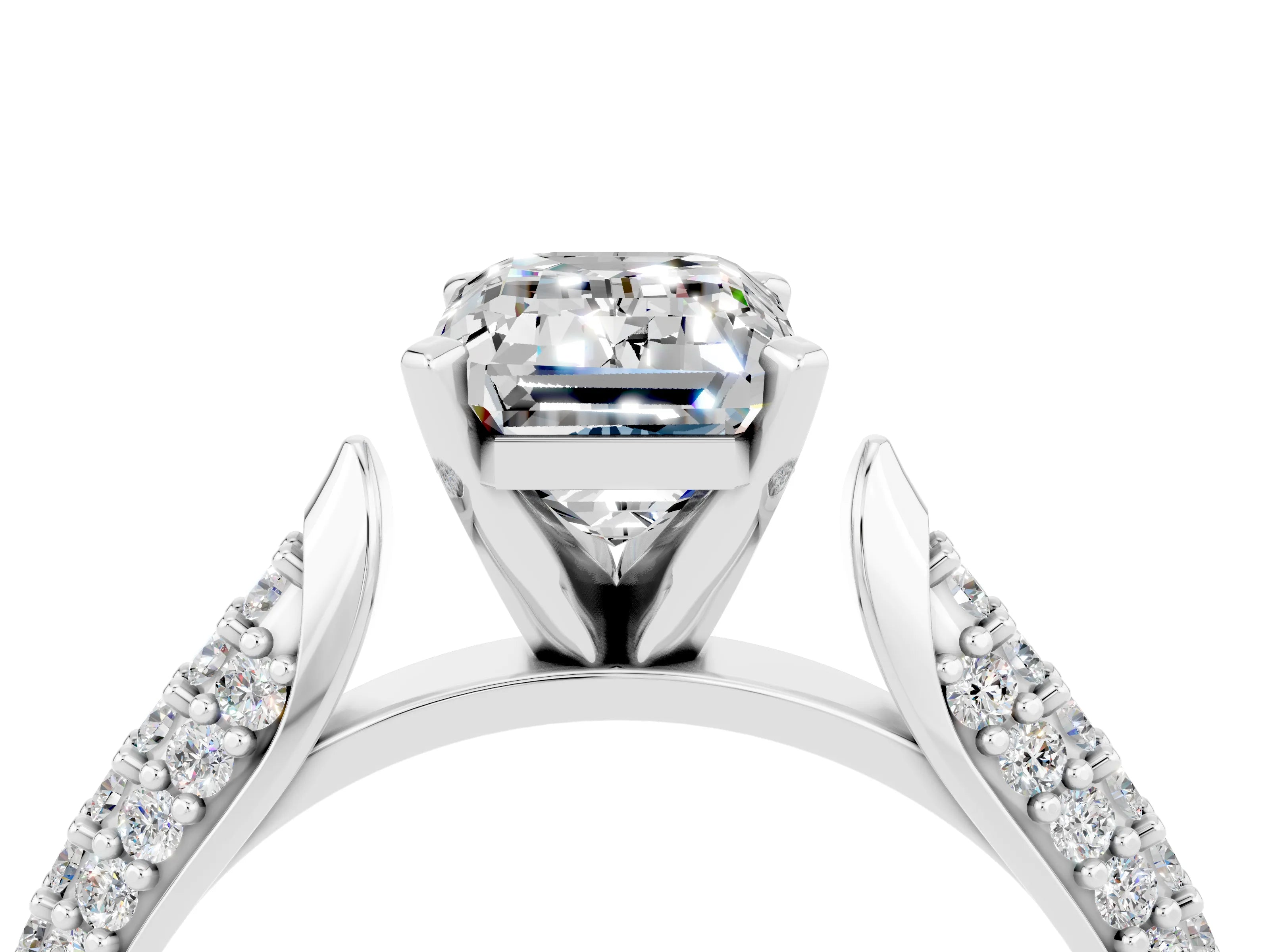 White gold Emerald Cut Diamond Solitaire Engagement Ring with Pavé Band and Four-Prong Setting_4