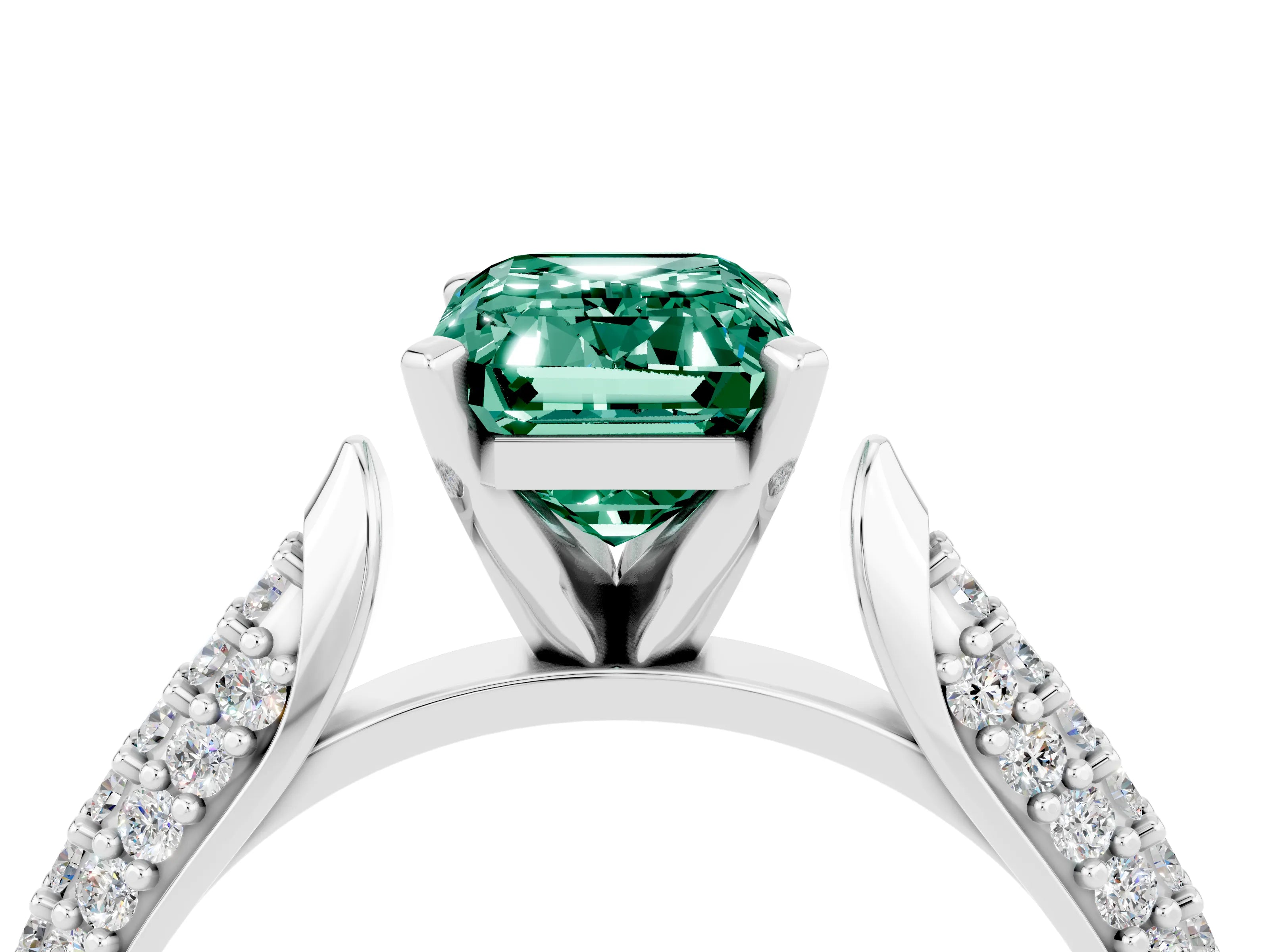 White gold Emerald Cut Diamond Solitaire Engagement Ring with Pavé Band and Four-Prong Setting_4