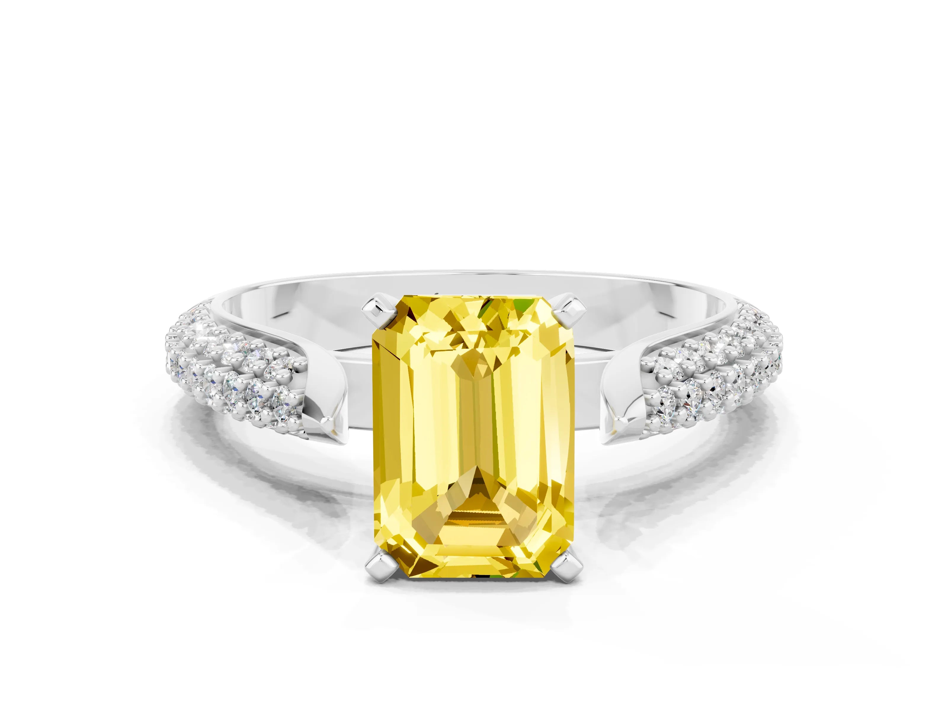 White gold Emerald Cut Diamond Solitaire Engagement Ring with Pavé Band and Four-Prong Setting