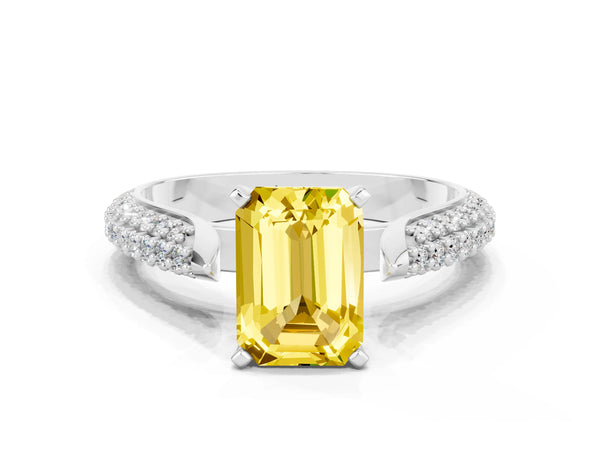 White gold Emerald Cut Yellow Sapphire Solitaire Engagement Ring with Multi-Row Round Pavé Band and Prong Setting