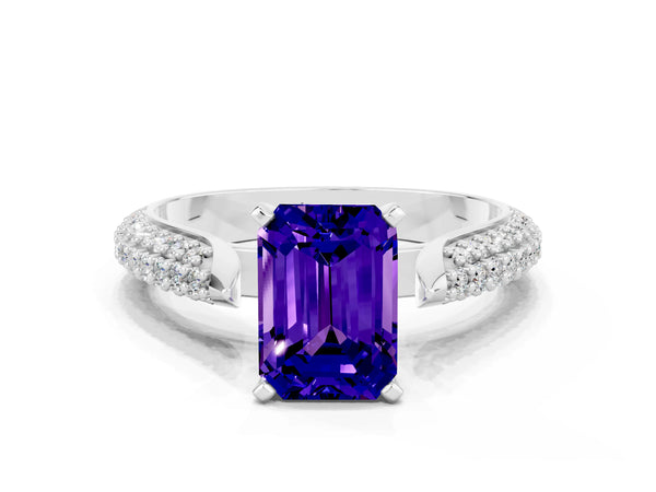 White gold Emerald Cut Tanzanite Solitaire Engagement Ring with Multi-Row Round Pavé Band and Prong Setting