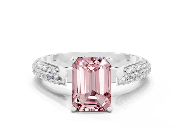 Silver Emerald Cut Diamond Solitaire Engagement Ring with Pavé Band and Four-Prong Setting