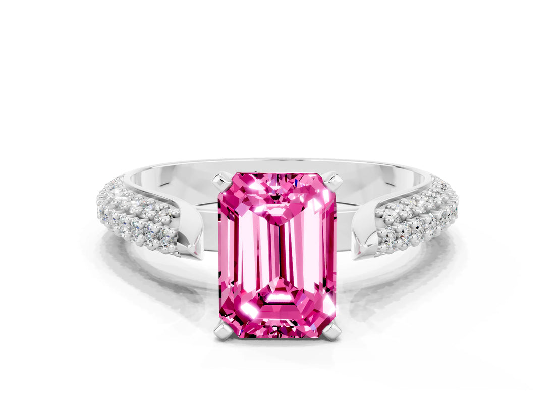 White gold Emerald Cut Diamond Solitaire Engagement Ring with Pavé Band and Four-Prong Setting