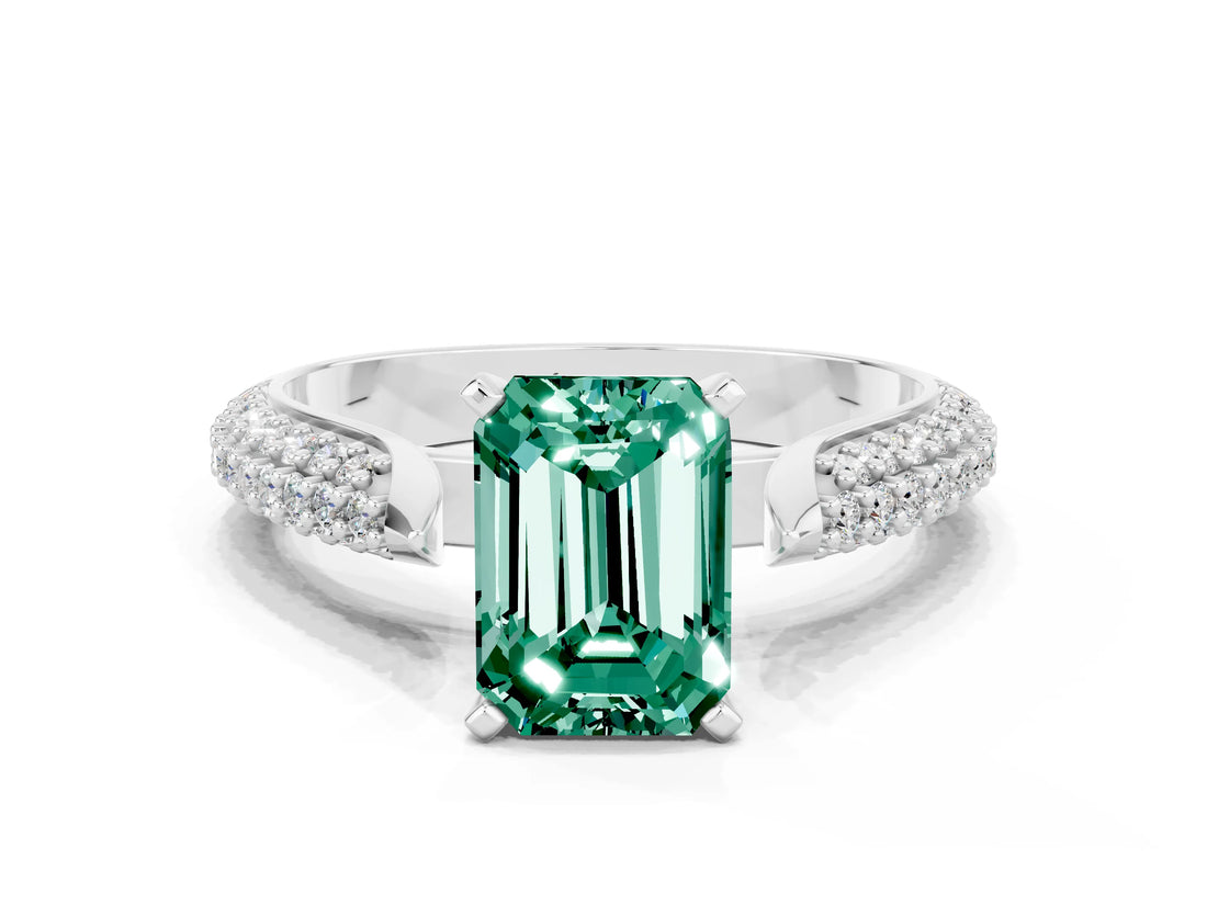 White gold Emerald Cut Diamond Solitaire Engagement Ring with Pavé Band and Four-Prong Setting