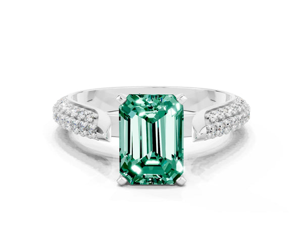Platinum Emerald Cut Green Sapphire Solitaire Engagement Ring with Multi-Row Round Pavé Band and Prong Setting