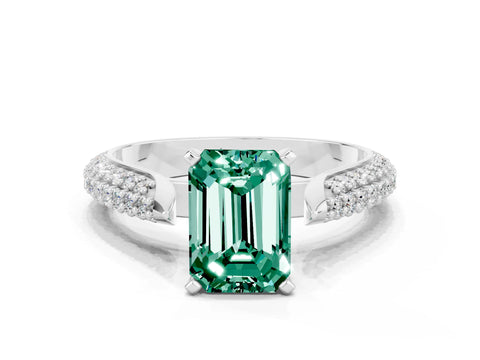 White gold Emerald Cut Diamond Solitaire Engagement Ring with Pavé Band and Four-Prong Setting