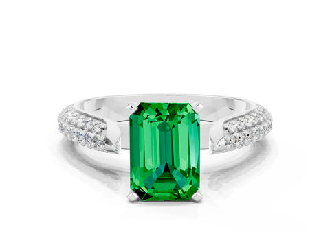 White gold Emerald Cut Diamond Solitaire Engagement Ring with Pavé Band and Four-Prong Setting