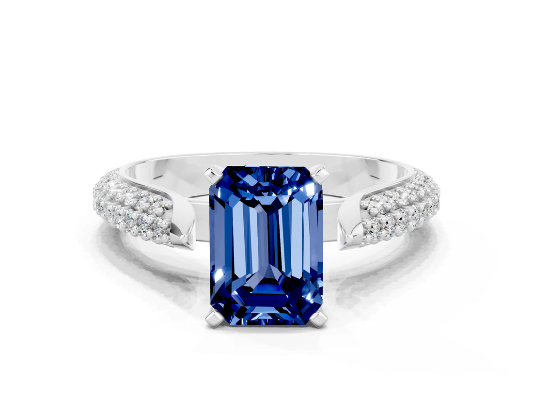 White gold Emerald Cut Diamond Solitaire Engagement Ring with Pavé Band and Four-Prong Setting