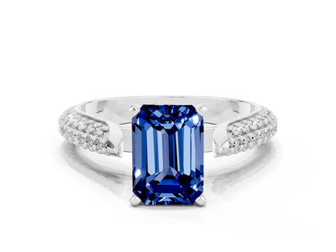 White gold Emerald Cut Diamond Solitaire Engagement Ring with Pavé Band and Four-Prong Setting