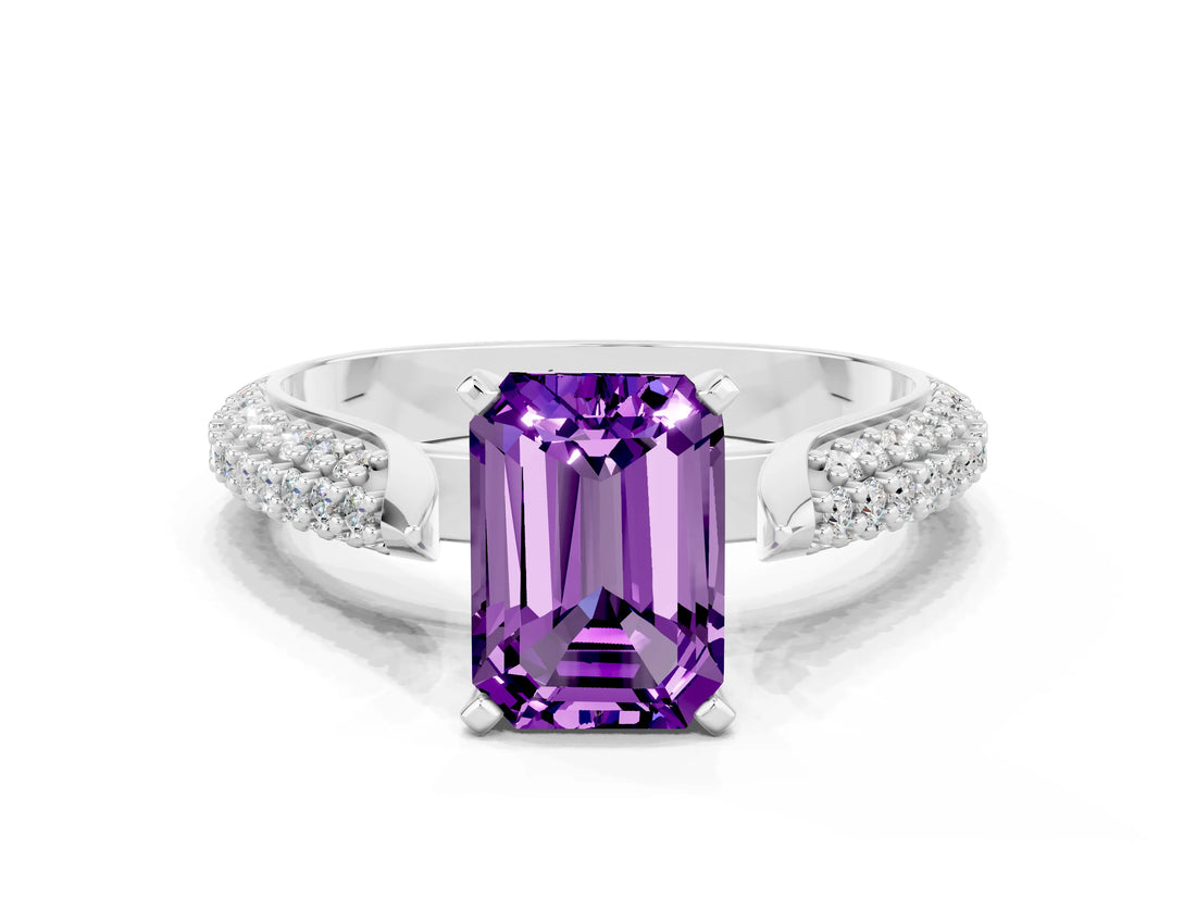 White gold Emerald Cut Diamond Solitaire Engagement Ring with Pavé Band and Four-Prong Setting