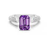 White gold Emerald Cut Diamond Solitaire Engagement Ring with Pavé Band and Four-Prong Setting