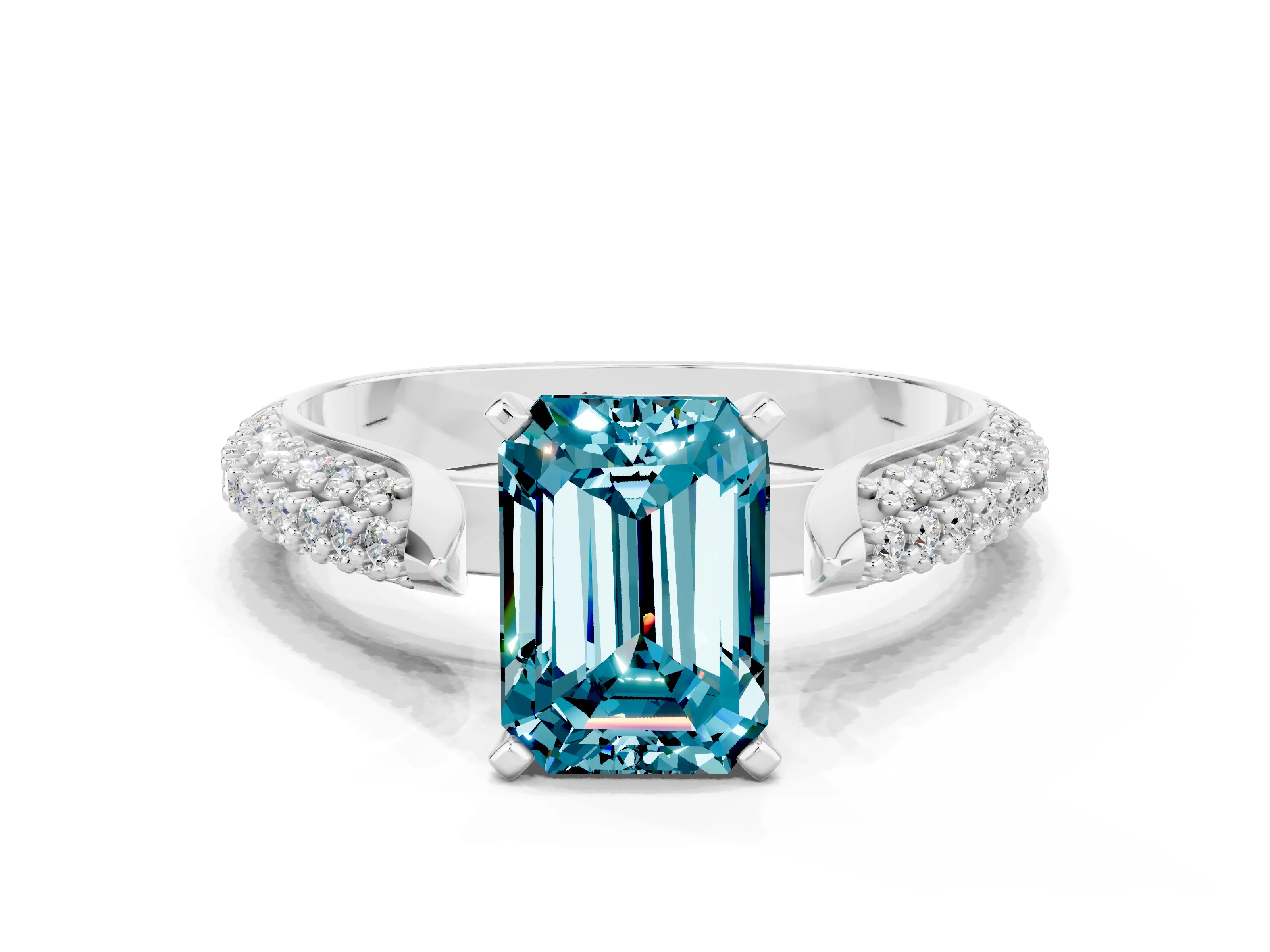 White gold Emerald Cut Diamond Solitaire Engagement Ring with Pavé Band and Four-Prong Setting