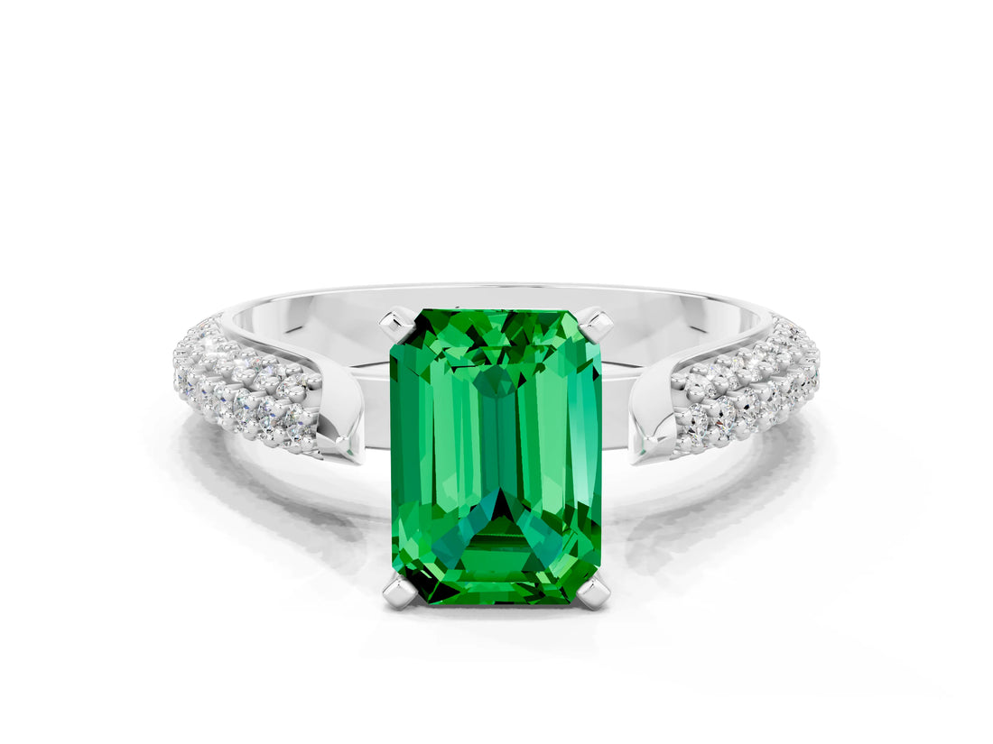 White gold Emerald Cut Diamond Solitaire Engagement Ring with Pavé Band and Four-Prong Setting