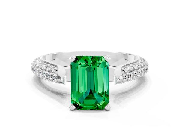 Silver Emerald Cut Emerald Solitaire Engagement Ring with Multi-Row Round Pavé Band and Prong Setting