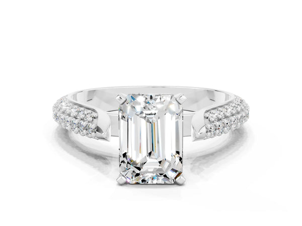Silver Emerald Cut Moissanite Solitaire Engagement Ring with Multi-Row Round Pavé Band and Prong Setting