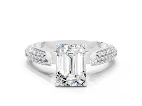 White gold Emerald Cut Diamond Solitaire Engagement Ring with Pavé Band and Four-Prong Setting