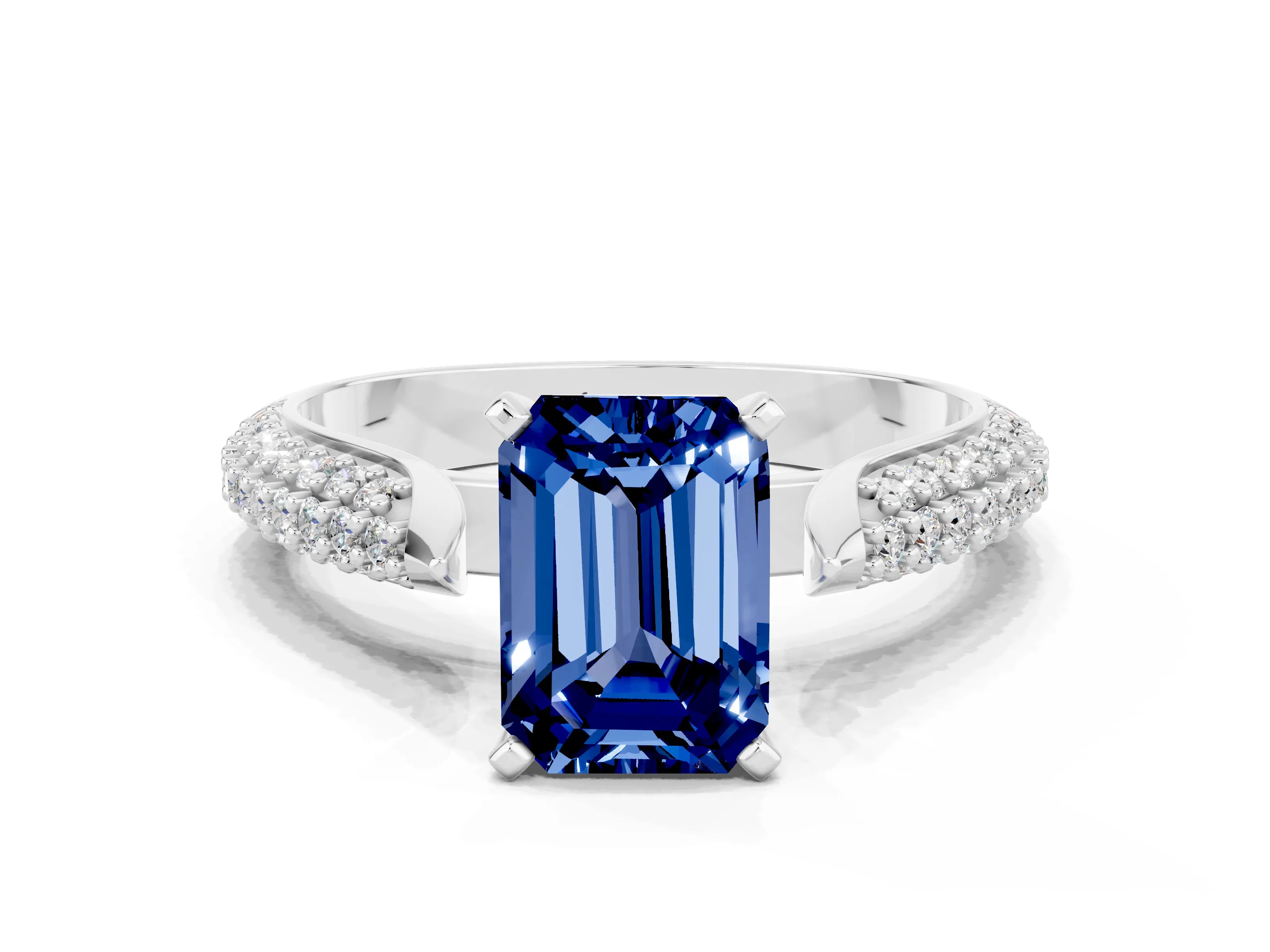White gold Emerald Cut Diamond Solitaire Engagement Ring with Pavé Band and Four-Prong Setting