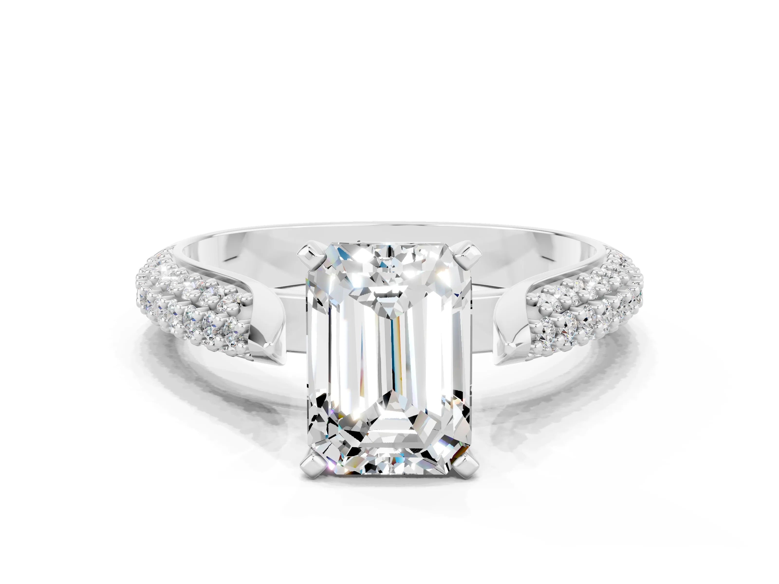 White gold Emerald Cut Diamond Solitaire Engagement Ring with Pavé Band and Four-Prong Setting