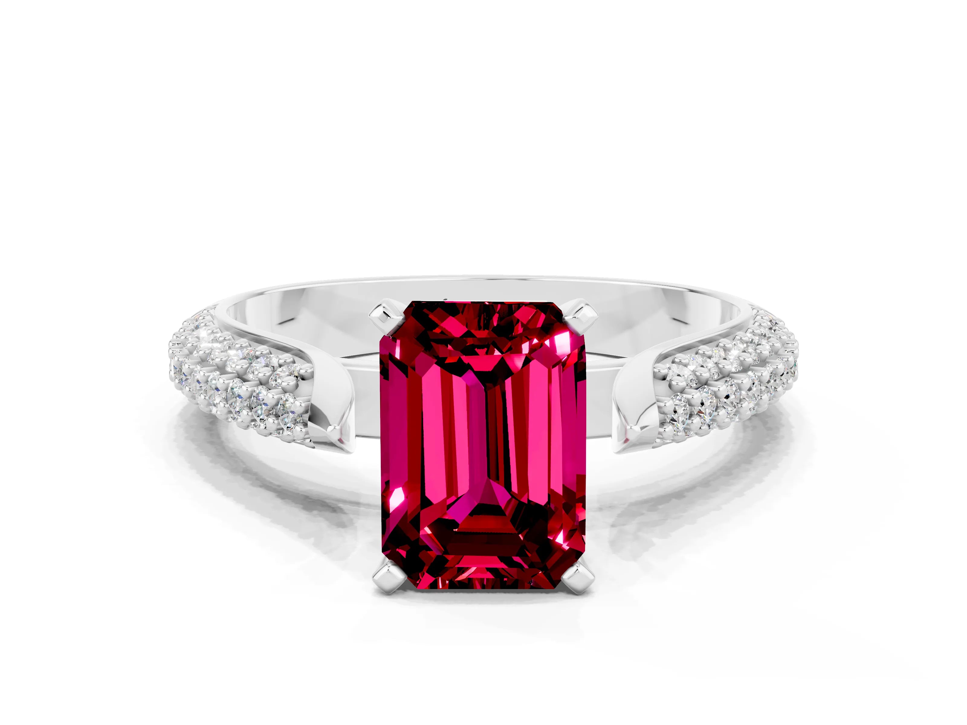 White gold Emerald Cut Diamond Solitaire Engagement Ring with Pavé Band and Four-Prong Setting