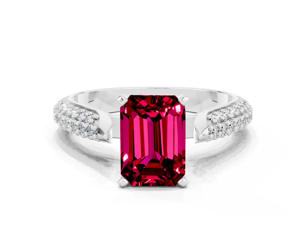White gold Emerald Cut Garnet Solitaire Engagement Ring with Multi-Row Round Pavé Band and Prong Setting