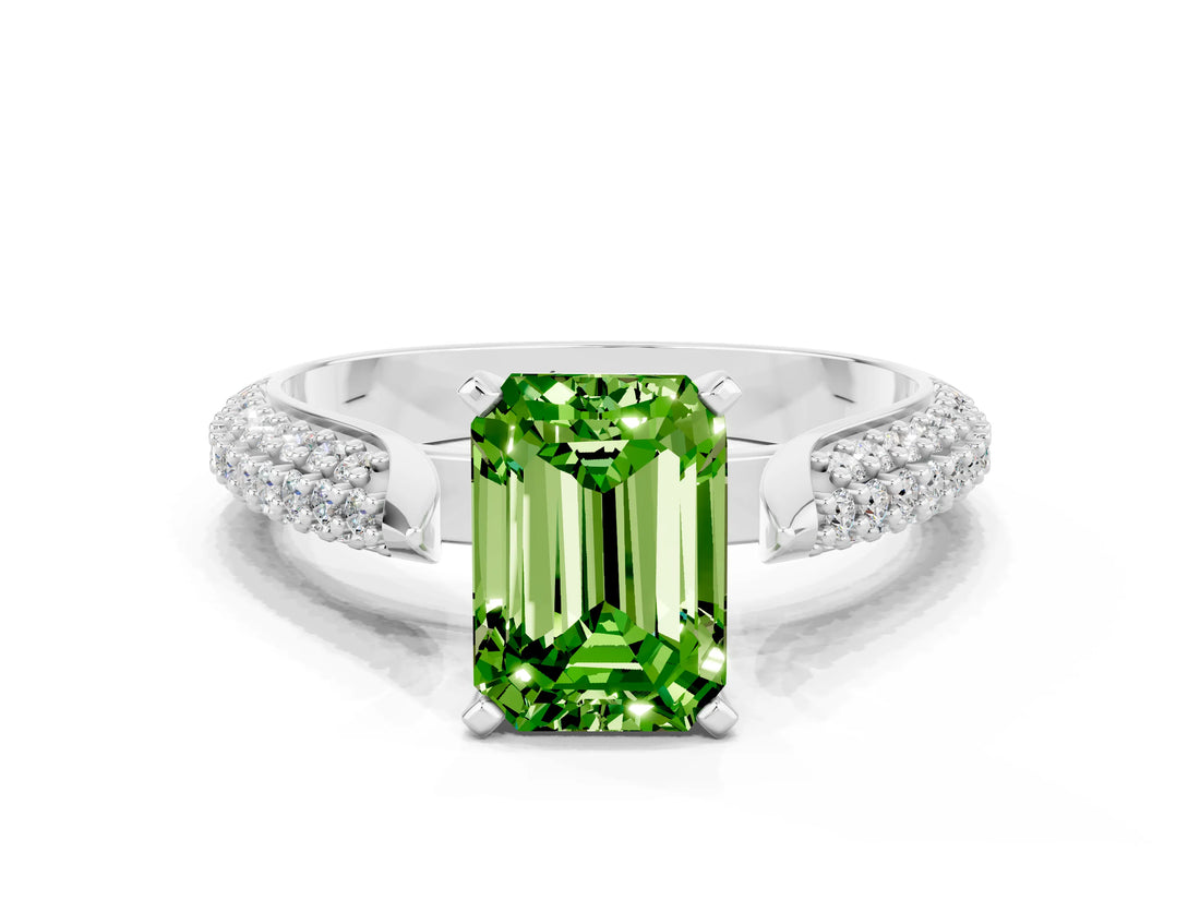 White gold Emerald Cut Diamond Solitaire Engagement Ring with Pavé Band and Four-Prong Setting