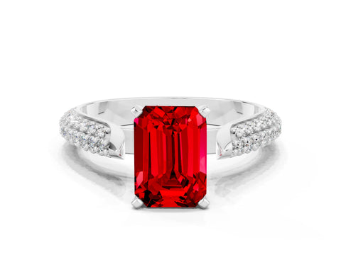 White gold Emerald Cut Diamond Solitaire Engagement Ring with Pavé Band and Four-Prong Setting
