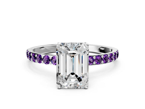 White gold Emerald Cut Diamond Solitaire Engagement Ring with Round with Amethyst side stone Pavé Band and Prong Setting_12